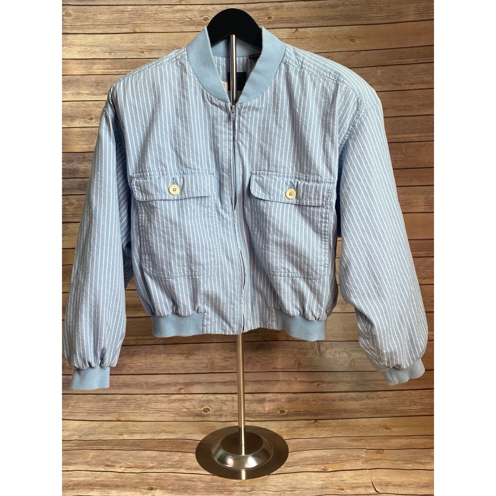 Vintage 90s Lizsport Pinstripe Bomber Jacket Light Blue Cotton Zip Up Size-L